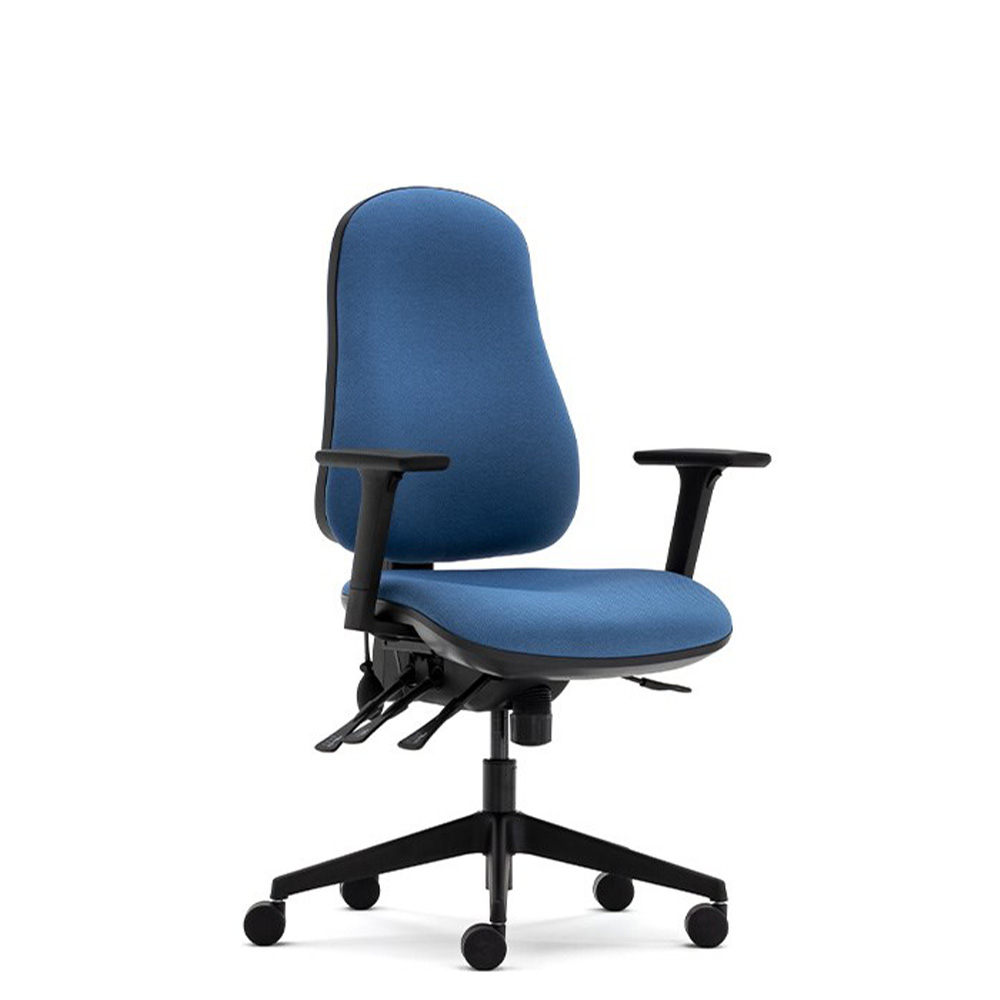 Torasen Orthopaedica 90 ergonomic office chair, front view showing sculpted back and seat cushions. Adjustable arms and black castor base.
