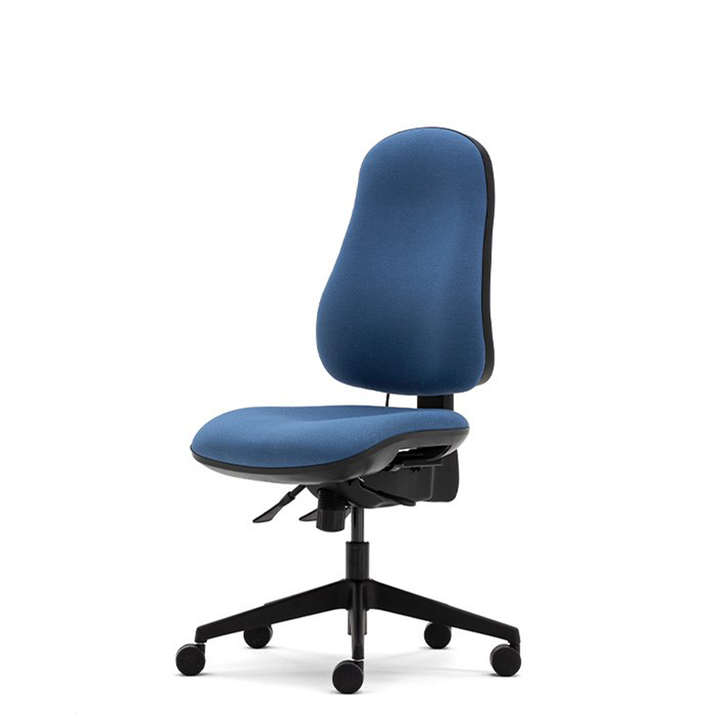 Orthopaedica 90 chair (no arms) showing curved seat nad back, black swivel base with castors, black lever mechanisms.