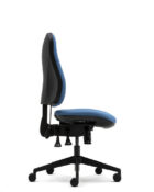 Side view of ergonomic office chair with five-star black plastic base with 60mm hard-wheel castors.