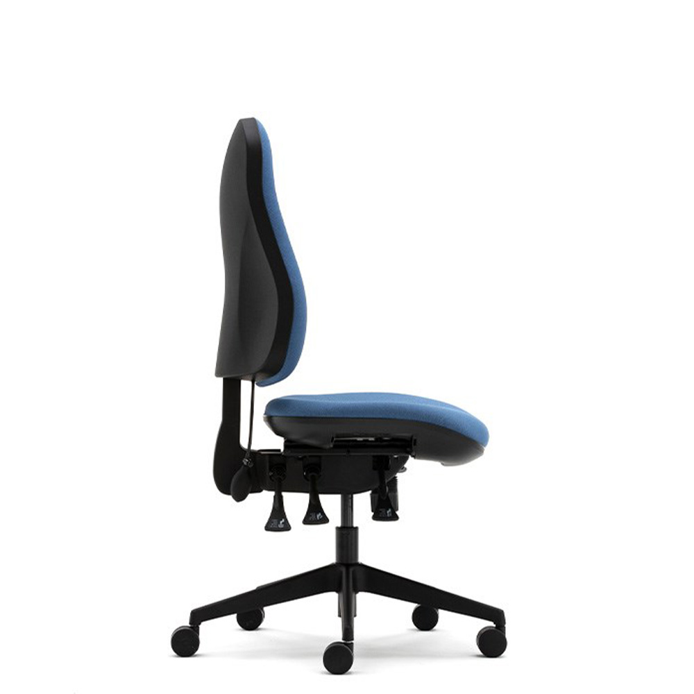 Side view of ergonomic office chair with five-star black plastic base with 60mm hard-wheel castors.