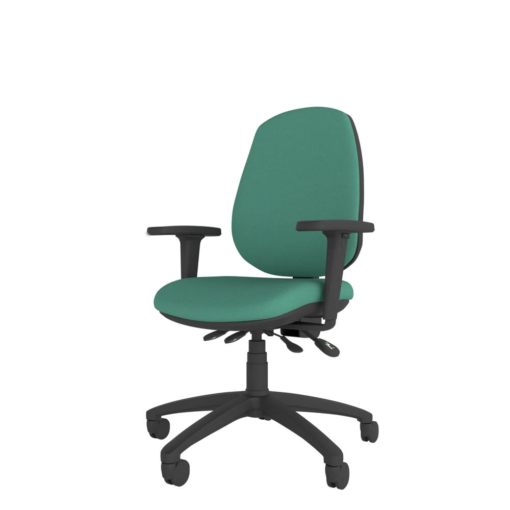 ESC13 Athlete high back ergonomic chair with green fire retardant fabric seat & back, black five-star base and adjustable arms. Shown with 3 lever mechanism. Gas lift height adjustable.