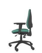 Side view of ESC13 ergonomic chair suitable for home or commercial offices. Green fabric upholstered seat and back, black adjustable arms, black swivel base.