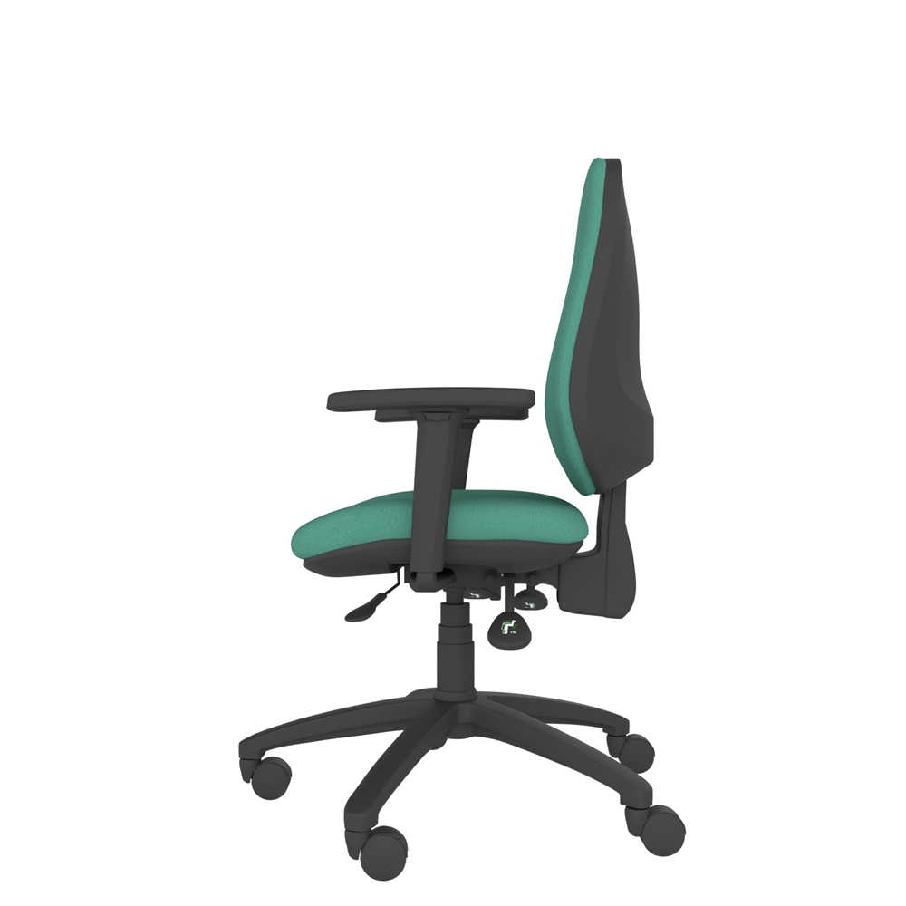 Side view of ESC13 ergonomic chair suitable for home or commercial offices. Green fabric upholstered seat and back, black adjustable arms, black swivel base.