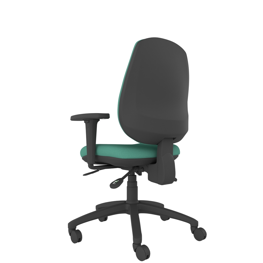 Back view of the ESC13 Athlete high back ergonomic office chair with upholstered seat & back, five-star base and optional adjustable arms. Upholstered in a green fire retardant fabric.