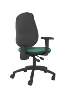 Back view of the Athlete high back ergonomic office chair with plastic shell back on the outside, upholstered seat & back, five-star base and adjustable arms. Upholstered in a green fire retardant fabric. Shown with 2 lever mechanism.