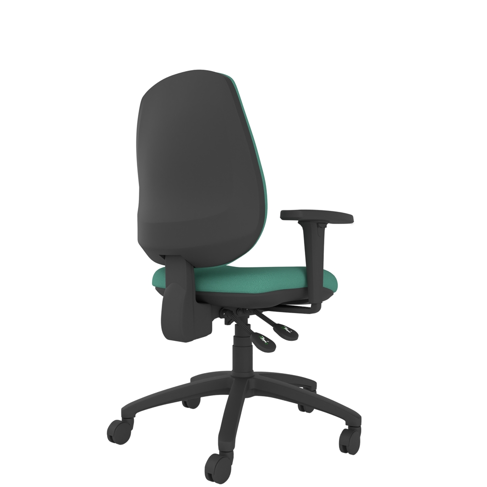 Back view of the Athlete high back ergonomic office chair with plastic shell back on the outside, upholstered seat & back, five-star base and adjustable arms. Upholstered in a green fire retardant fabric. Shown with 2 lever mechanism.