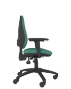 Side view of the Athlete high back ergonomic office chair with upholstered seat & back, five-star base and optional adjustable arms. Upholstered in a green fire retardant fabric. Shown with 3 lever mechanism.