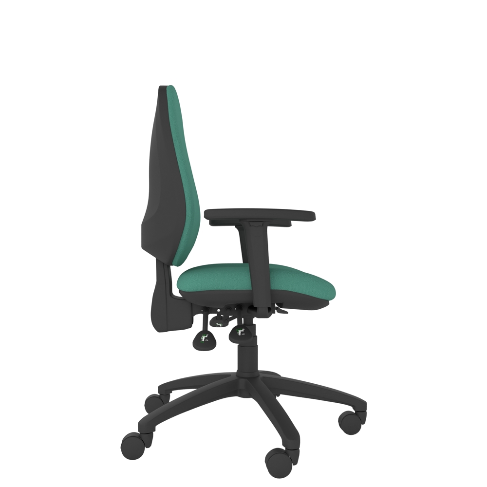 Side view of the Athlete high back ergonomic office chair with upholstered seat & back, five-star base and optional adjustable arms. Upholstered in a green fire retardant fabric. Shown with 3 lever mechanism.