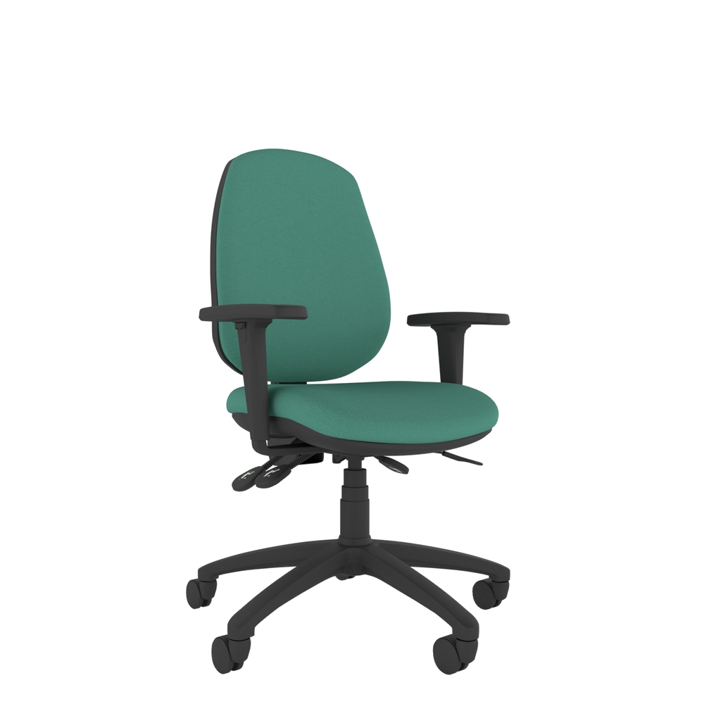 Athlete High Back ergonomic office chair with upholstered back, adjustable height and backrest, five-star black base and optional adjustable arms. Upholstered in a Green fire retardant fabric.