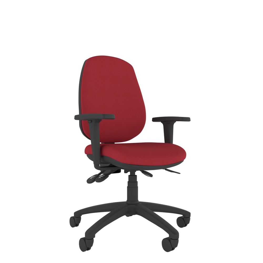 Athlete High Back ergonomic office chair with upholstered back, adjustable height and backrest, five-star base and optional adjustable arms. Upholstered in a Red fire retardant fabric.