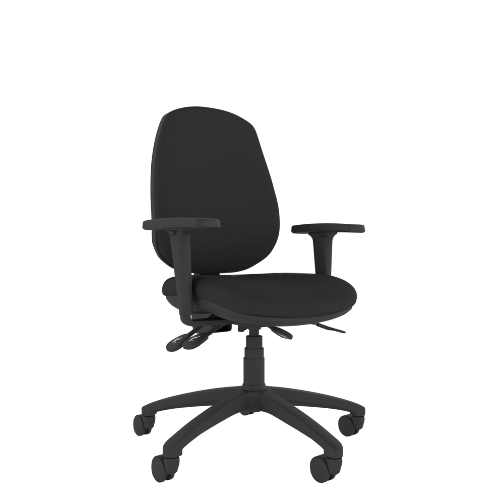 Black high back ergonomic chair with 3 lever mechanism.