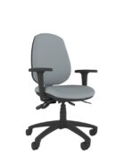 Grey ergonomic high back chair. Height adjustable arms, black 5 star base and seat and back adjustability.