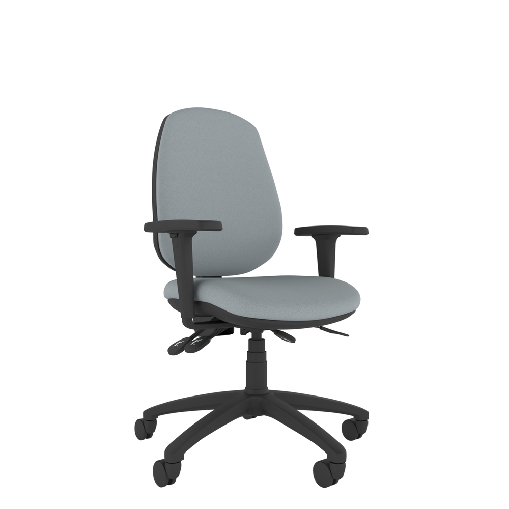 Grey ergonomic high back chair. Height adjustable arms, black 5 star base and seat and back adjustability.