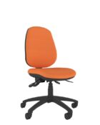 Bright orange task chair with ergonomic posture features including adjustable back and seat. No arms, 3 star castor base,