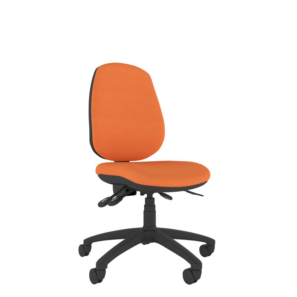 Bright orange task chair with ergonomic posture features including adjustable back and seat. No arms, 3 star castor base,