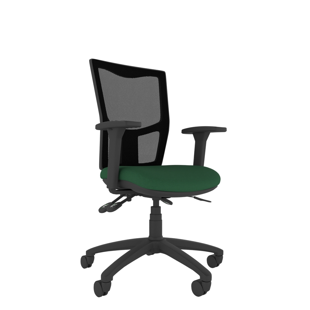 Ergonomic office chair featuring mesh backrest and personalised seat and back adjustments
