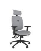 Ergonomic task chair with advanced support features to reduce fatigue and improve posture including head rest, multifunctional arms, black 5-star base and 3 lever seat and back adjustment mechanism.