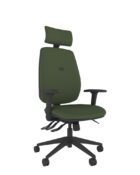 Coco high back ergonomic chair with optional headrest designed for improved wellbeing and productivity. Shown with adjustable arms and forest green upholstery.