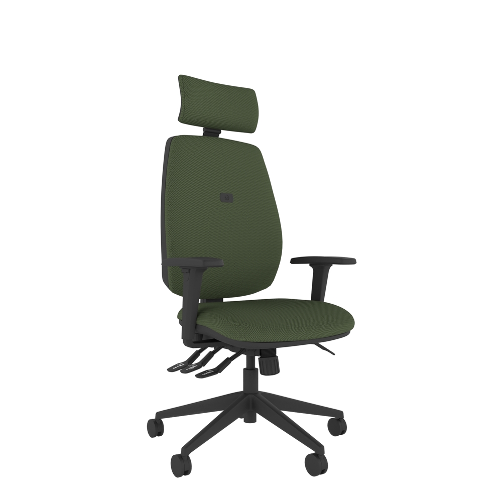 Coco high back ergonomic chair with optional headrest designed for improved wellbeing and productivity. Shown with adjustable arms and forest green upholstery.