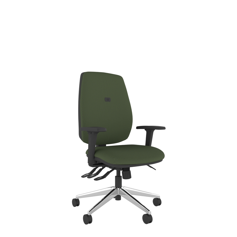 Office chair supporting up to 150kg with reliable 5-year warranty. Square task back, waterfall seat pad and polished chrome base.
