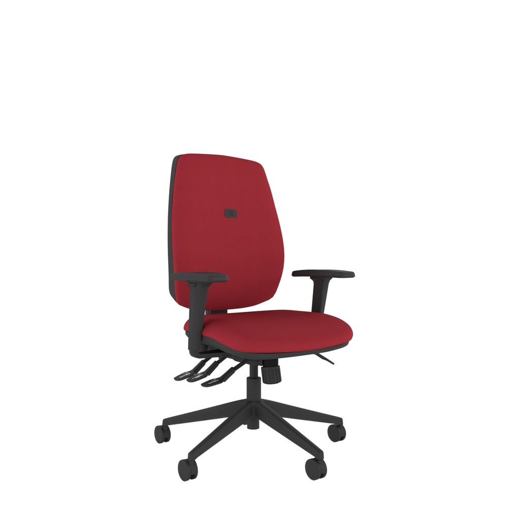 Red high back task chair designed for all-day comfort and posture support. With arms and seat slide adjustability.
