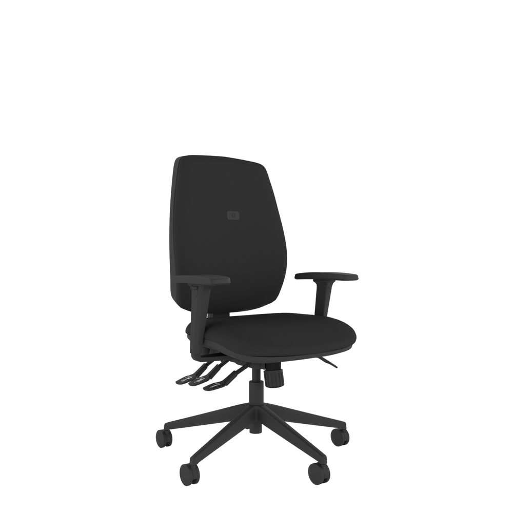 High back ergonomic chair with superior ergo-density foam for long-lasting comfort. Upholstered seat and back - finished in Black with adjustable arms, 3 lever mechanism and castor base.