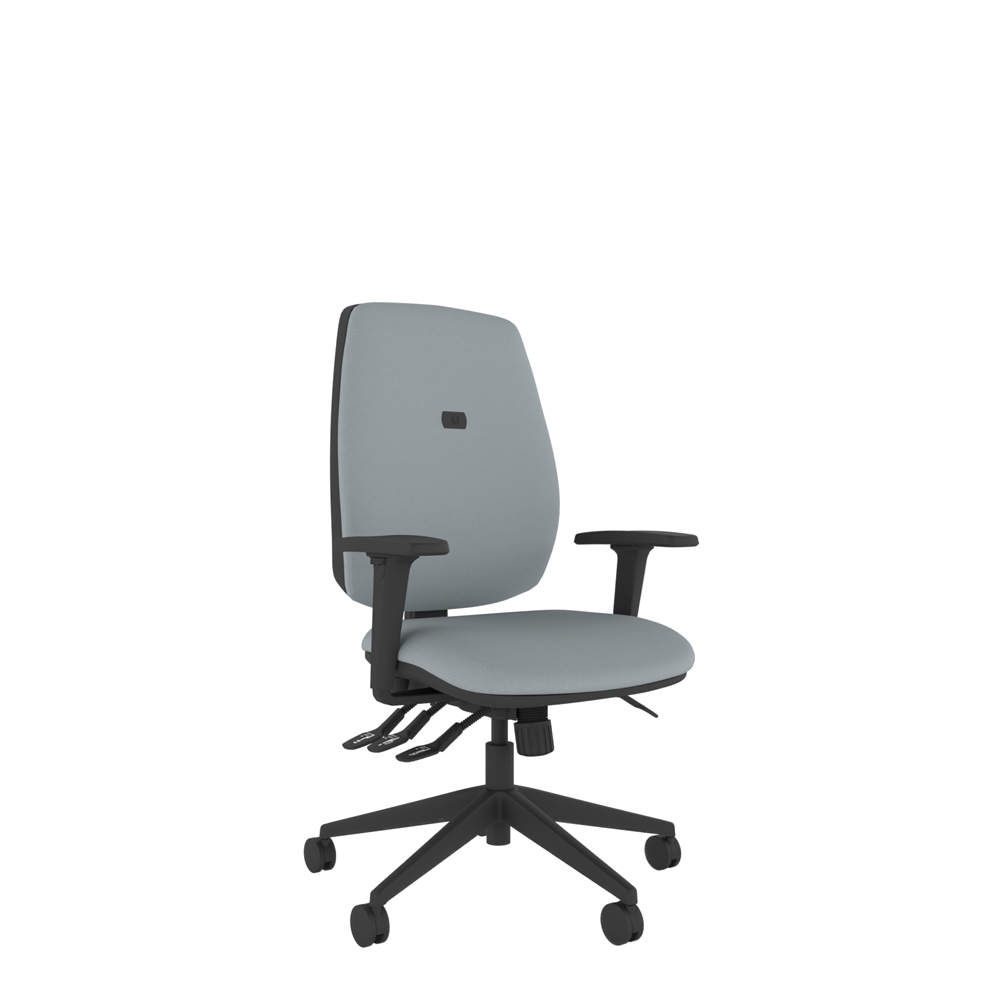 Grey high back chair from the Coco range. Featuring a double-curved seat to improve circulation, moulded back for comfort, and adjustable arms to suit all body types