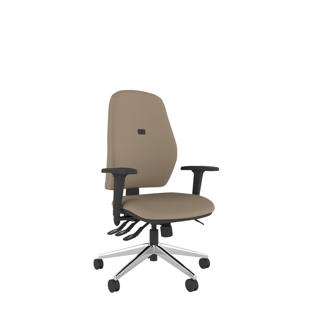 Quantum chair highlighting the adjustable seat slide, reclining mechanism, and ergonomic lumbar support