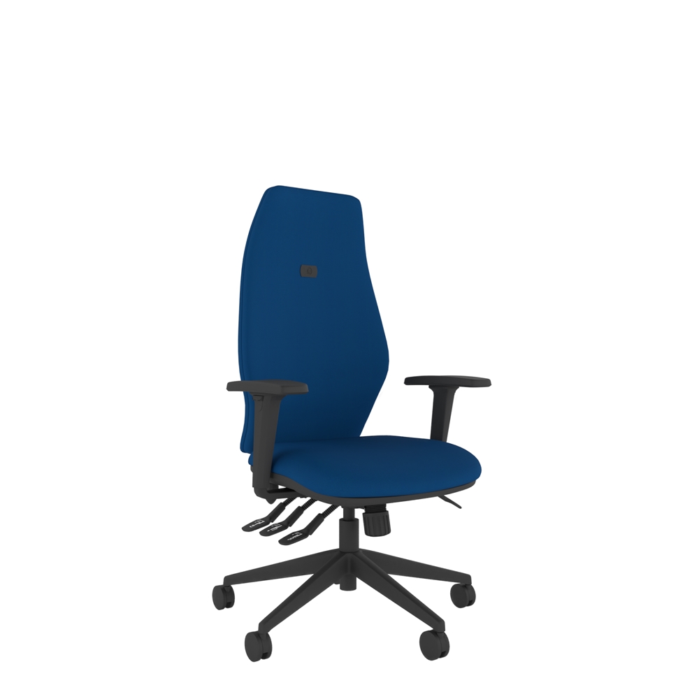 Heavy-duty ergonomic office chair with extra high backrest designed for all-day posture support. Upholstered seat & back, with height adjustable arms.
