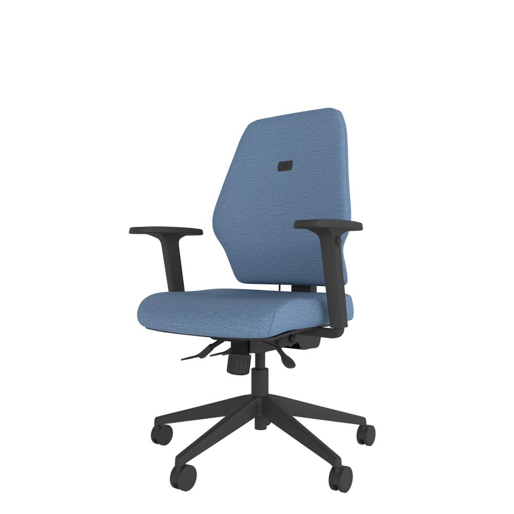 Me Chair. Ergonomic, medium back task chair with heavy duty, 3 lever mechanism. With arms and 5 star castor base.