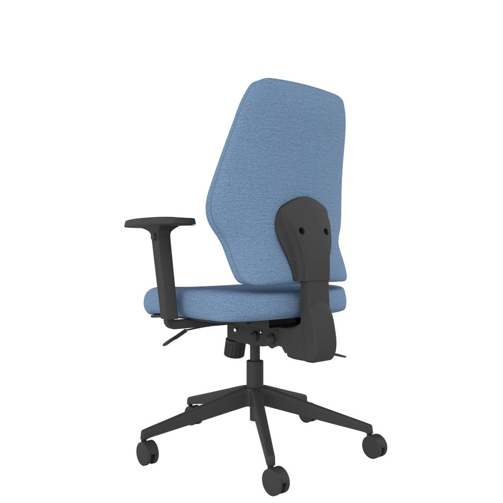 Back view of the ME ergonomic chair. Upholstered seat and medium back, flexible variants including arms, seat slide, lumbar and headrest.