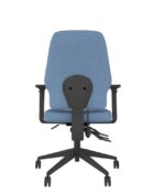 Back view of the ME ergonomic chair. Stylish upholstered back and seat, adjustable arms, black castor base, 3 lever mechanism.