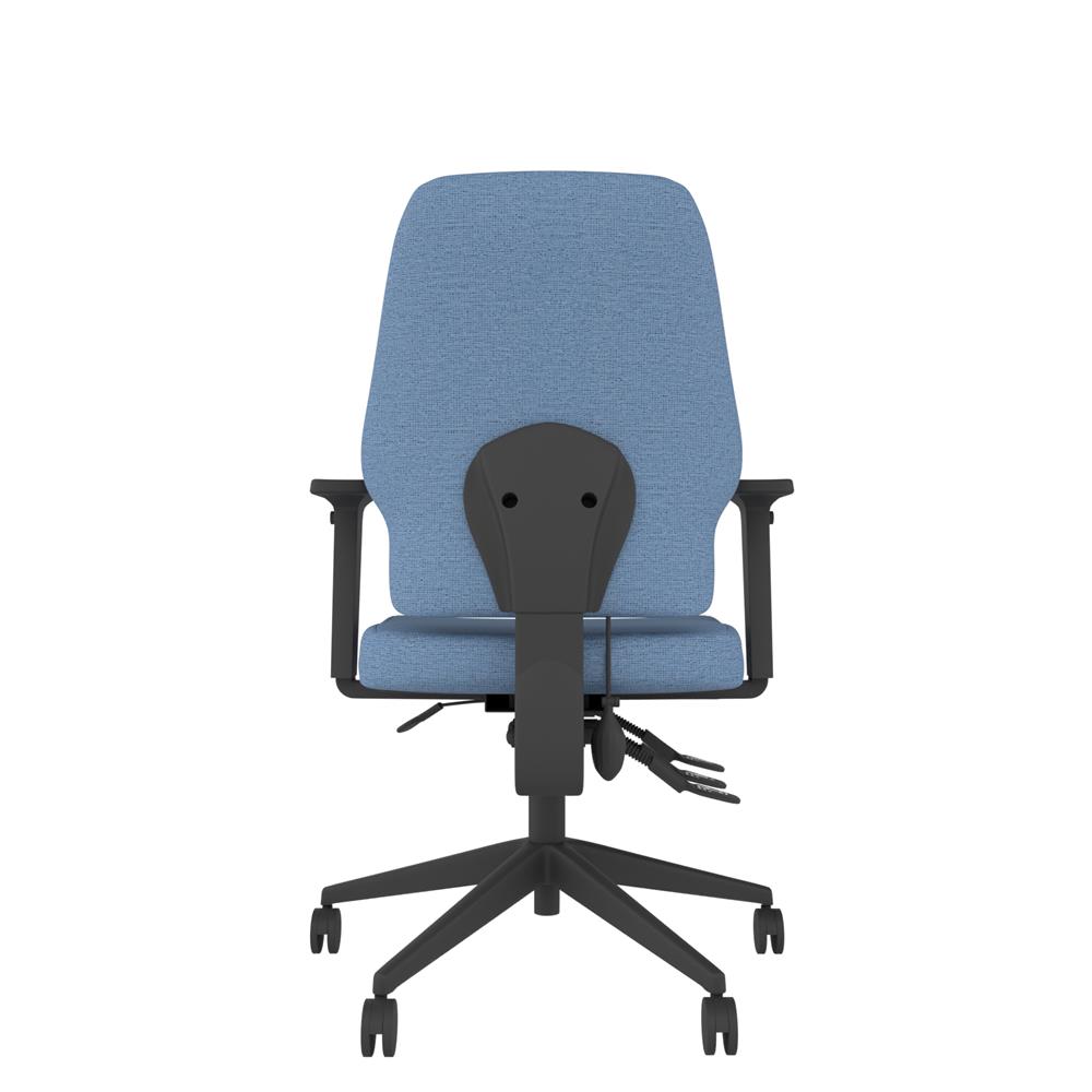 Back view of the ME ergonomic chair. Stylish upholstered back and seat, adjustable arms, black castor base, 3 lever mechanism.