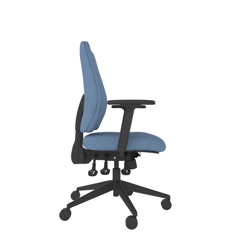 Me Ergonomic Office Chair - Right side view. Tri-curve medium back, 3 lever HD mechanism, arms and castors.