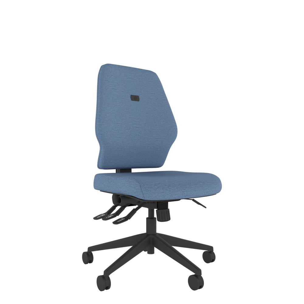 Me Ergonomic Office Chair with upholstered seat and back. No arms. Medium back and adjustable backrest, seat slide, tri-curved posture support and heavy-duty design.