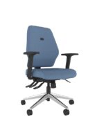 Blue ergonomic office chair ideal for hot desking and multi-use areas. ME range. Upholstered seat and back, Heavy Duty Mechanism including seat slide and height adjustability. Shown with arms and a chrome polished 5-star base.