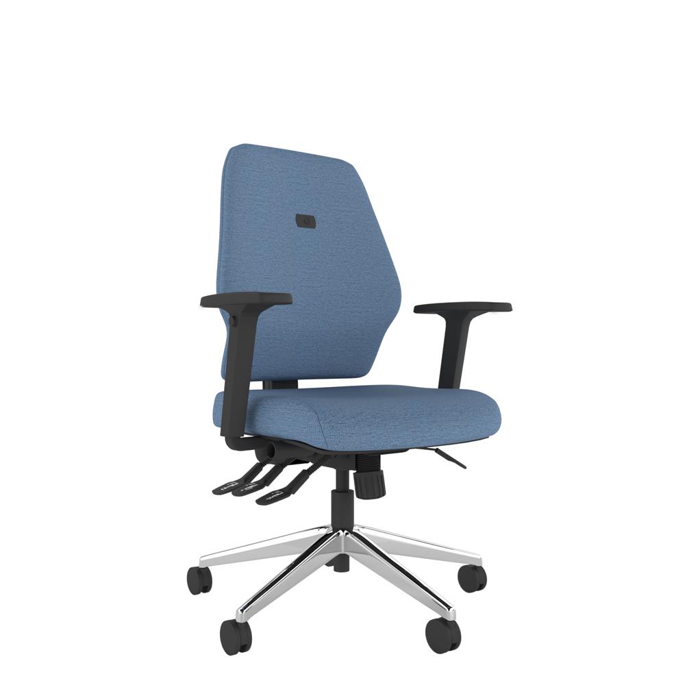 Blue ergonomic office chair ideal for hot desking and multi-use areas. ME range. Upholstered seat and back, Heavy Duty Mechanism including seat slide and height adjustability. Shown with arms and a chrome polished 5-star base.