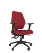Red Ergonomic Office Chair - ME Range. Upholstered seat and back with height adjustable arms. 3 lever mech including seat slide. 5 star black castor base.