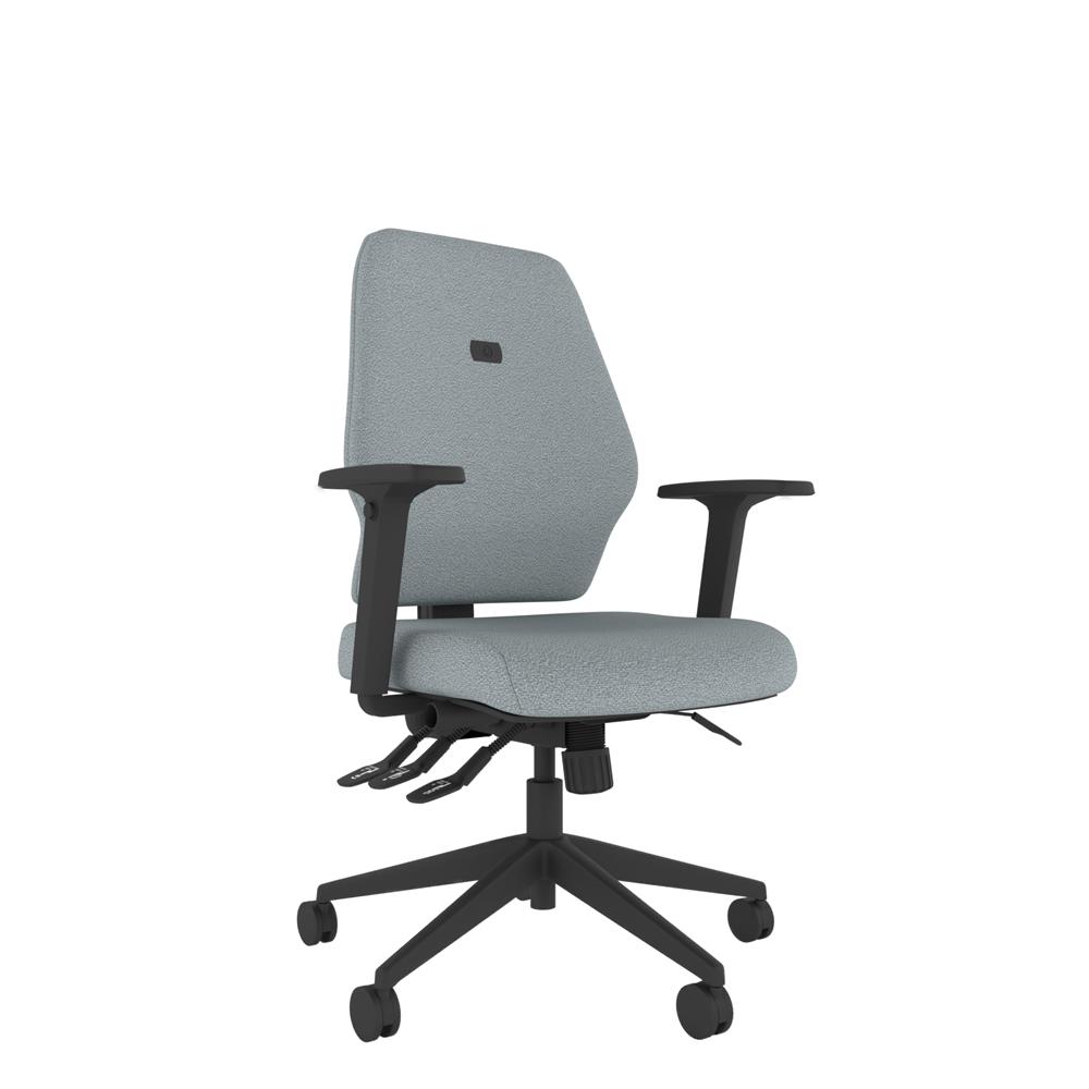 Me Ergonomic Office Chair finished in Bondai Grey upholstery. Medium back, 3 lever mech, arms, seat slide and lumbar support.