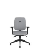 Medium back chair with double-curved backrest for superior upper-back support. Upholstered in Grey fabric, black adjustable arms and black 5-star castor base.