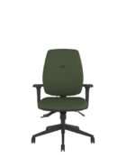 Office chair with adjustable tension control that adapts to body weight. upholstered seat and back, height adjustable arms and castor base