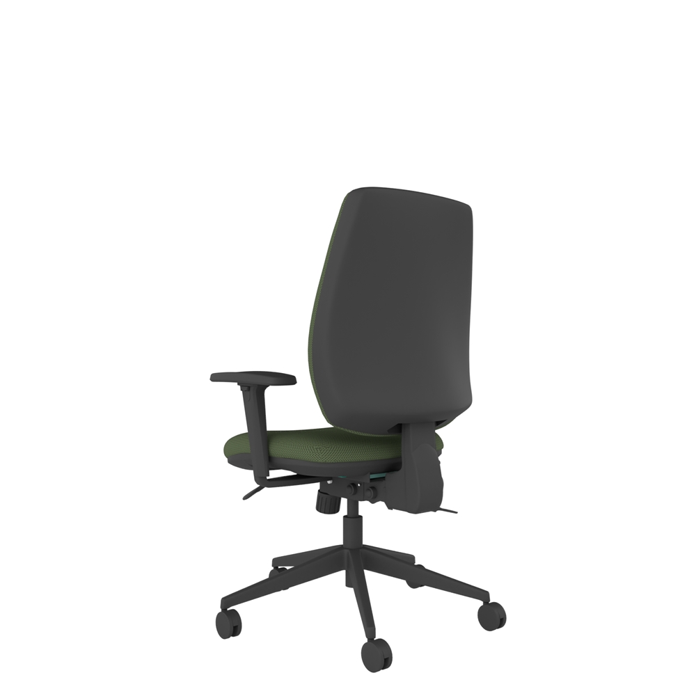 Coco chair with compact waterfall seat designed to reduce pressure on thighs, including adjustable arms and castor base.