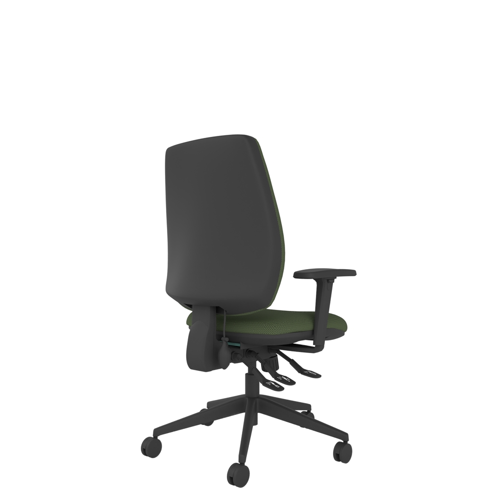 Coco chair with black moulded back, 3-lever mechanism, adjustable arms and castor swivel base.