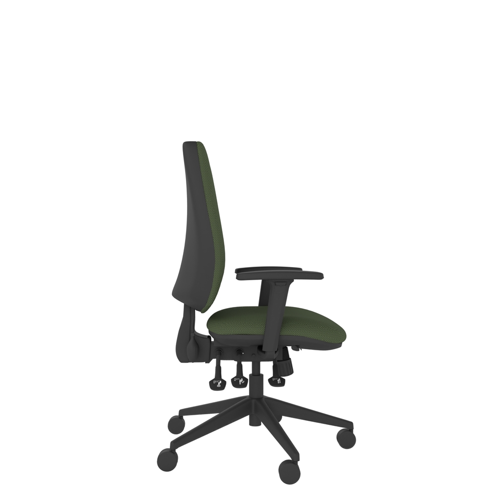 Side view - Ergonomic chair featuring ratchet back height adjustment for customised spine alignment. With adjustable arms.