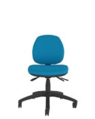 Task chair with medium back, and ergonomic features including posture curved backrest, moulded foam and fully tested seat controls. Upholstered seat and back pad in blue fabric.