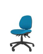 Medium back ergonomic task chair with posture curved backrest, moulded foam and fully tested seat controls. Upholstered seat and back pad in blue fabric.