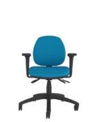 Front view - Ergonomic chair with medium back - Athlete Range. Upholstered in a blue fabric with adjustable armrests and 5 star base.