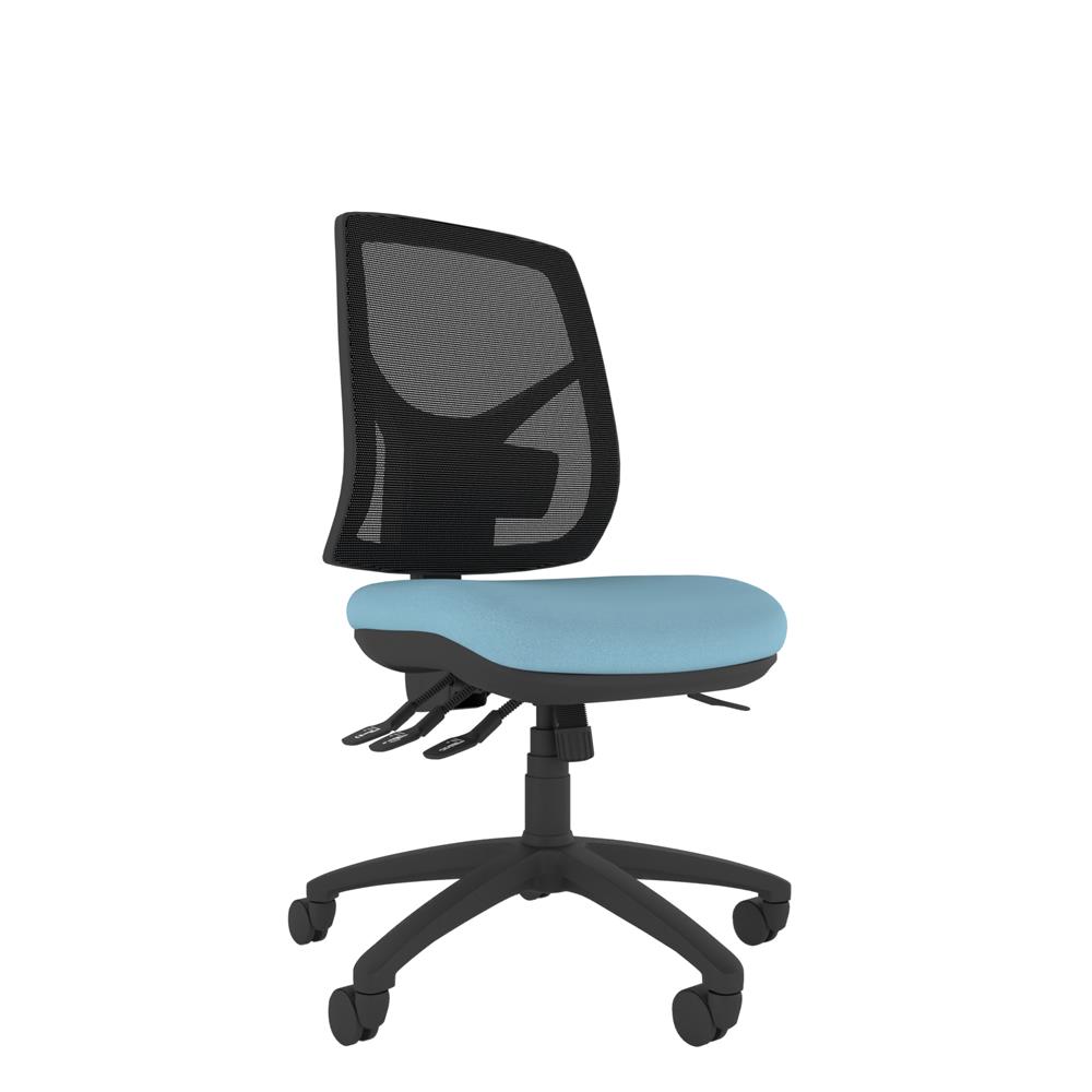 Athlete task chair showcasing double-curved padded seat for reduced pressure and black mesh back.