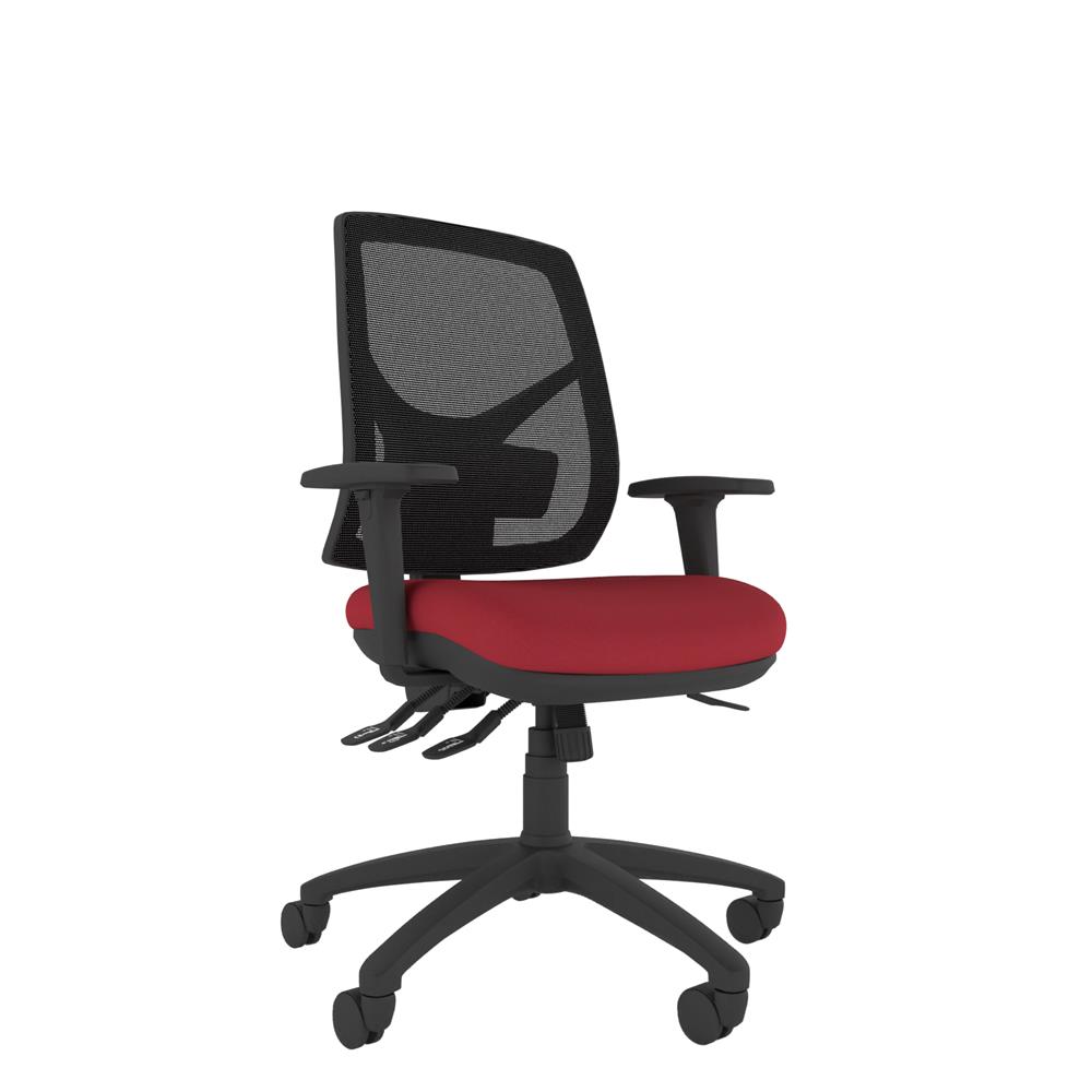 Mesh back office chair with handwheel back adjustment for quick customisation - Athlete Range. With height adjustable arms and a red, upholstered seat pad.