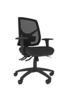 Ergonomic task chair featuring a curved backrest for natural spinal alignment and adjustable arms. Black mesh back and upholstered seat pad.